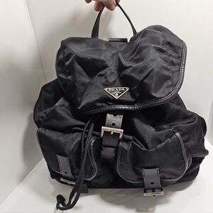 Prada Black Nylon Flap Drawstring Backpack with Buckle Pockets